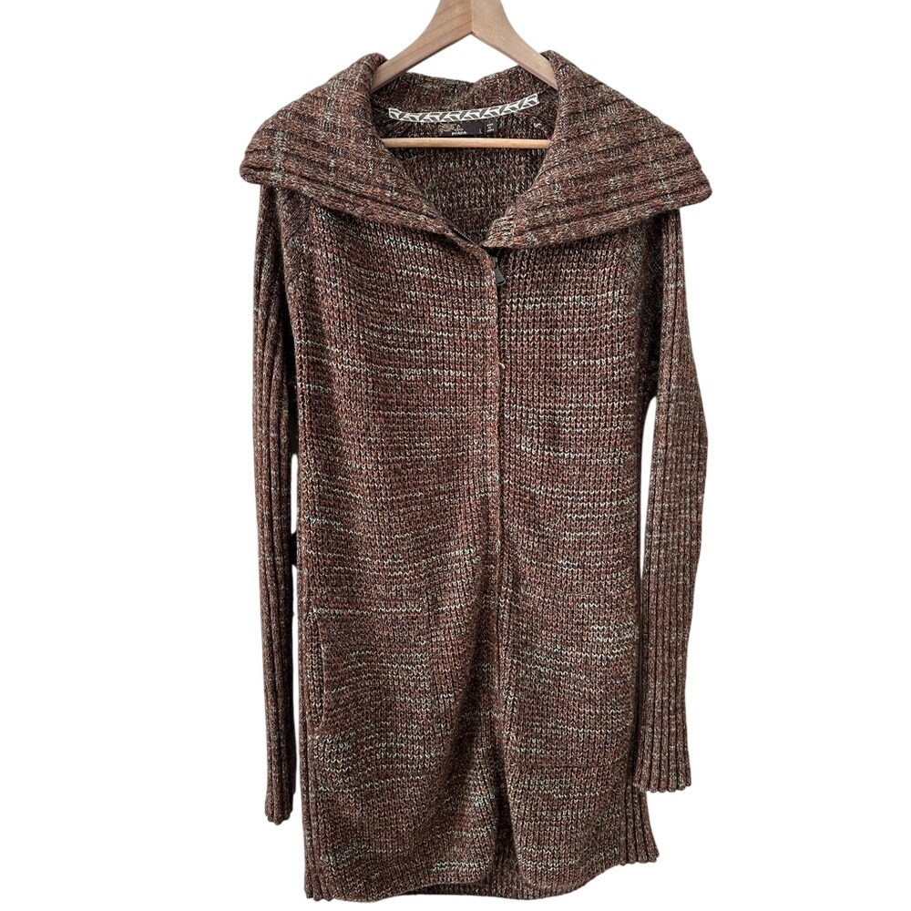 Prana Cardigan Sweater Large Brown Green Marled Zip Front Longline Shawl Collar
